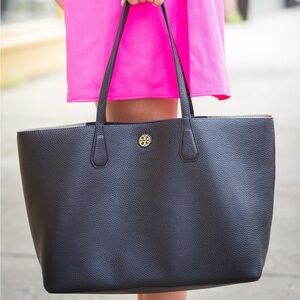 NWOT$395 Tory Burch Perry Brody Tote in Black Pebble Leather/ Beige Interior